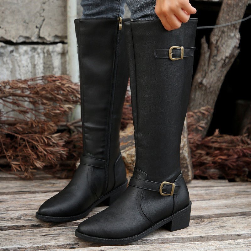 Women Boots | Thick Heel | Square Buckle | Zipper - Elora Moda