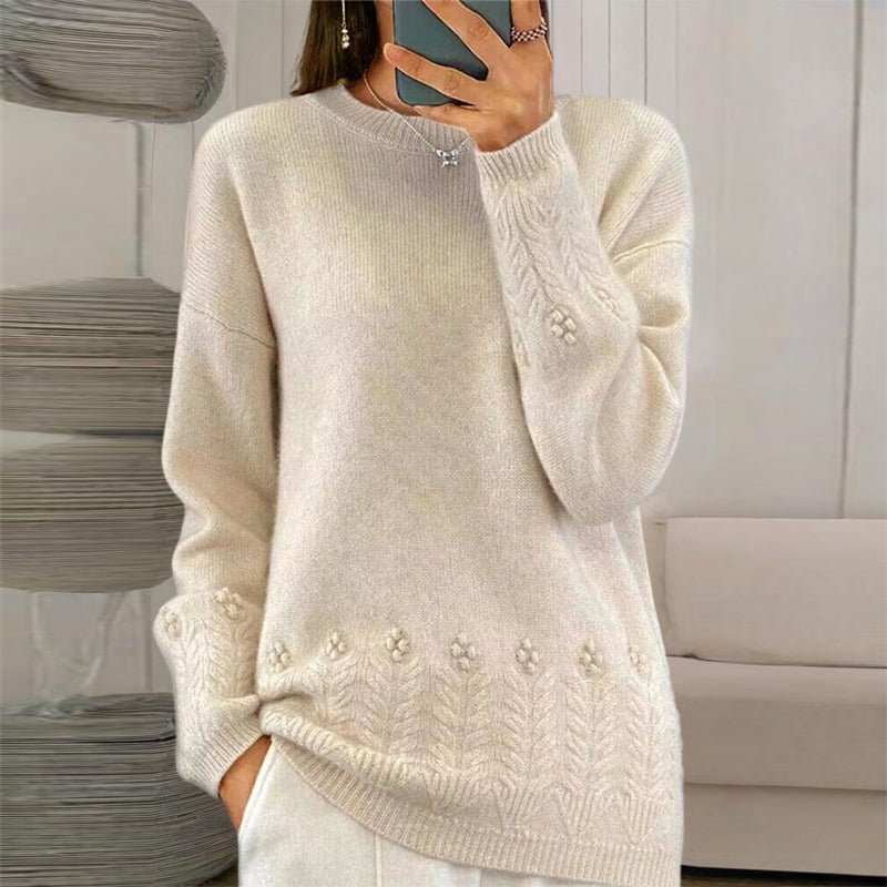 Women's Solid Color 3D Floral Embroidered Pullover - Elora Moda