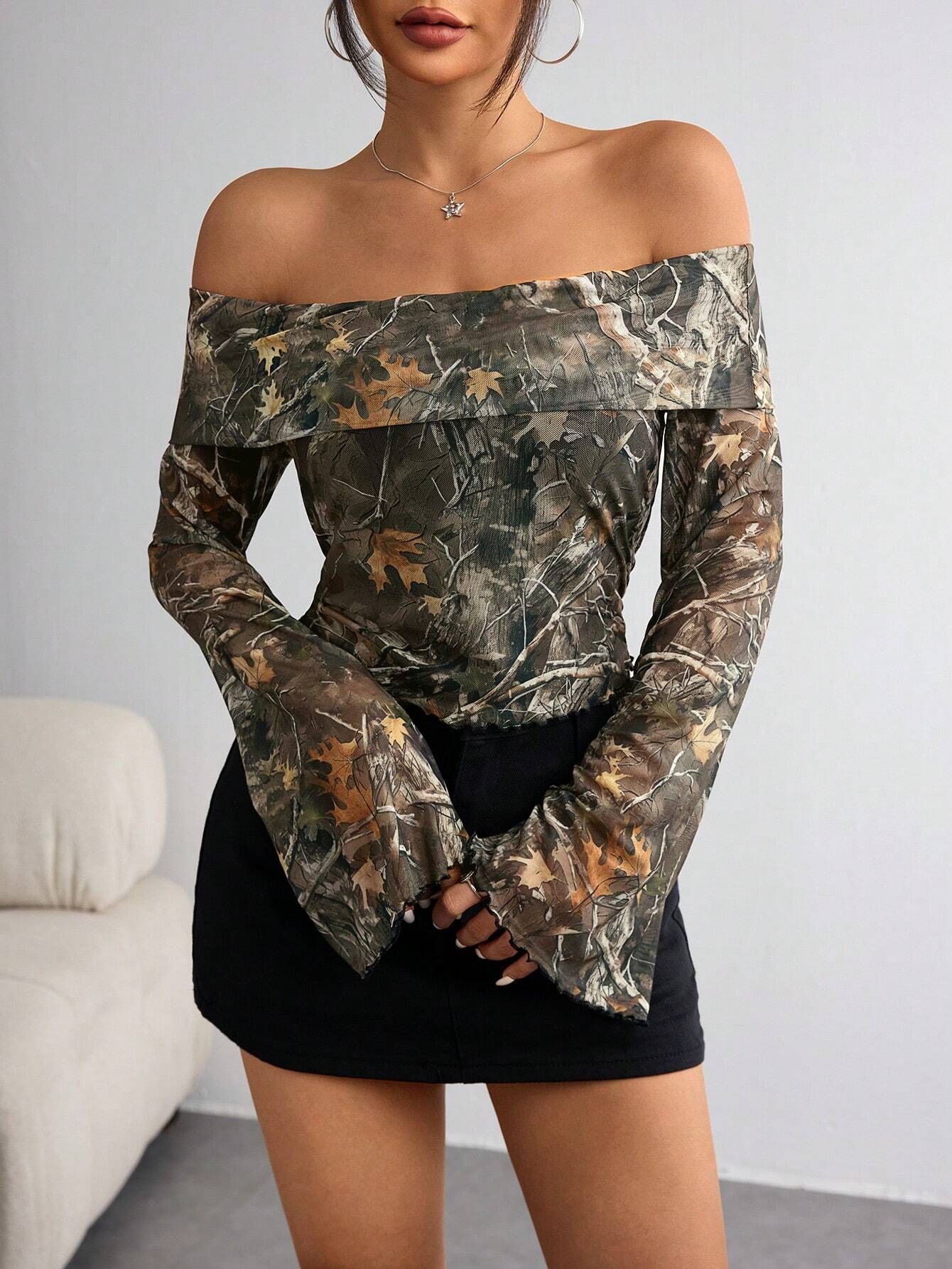 Mesh Printed Off - shoulder Long Sleeved Fitted T-shirt Top - Elora Moda