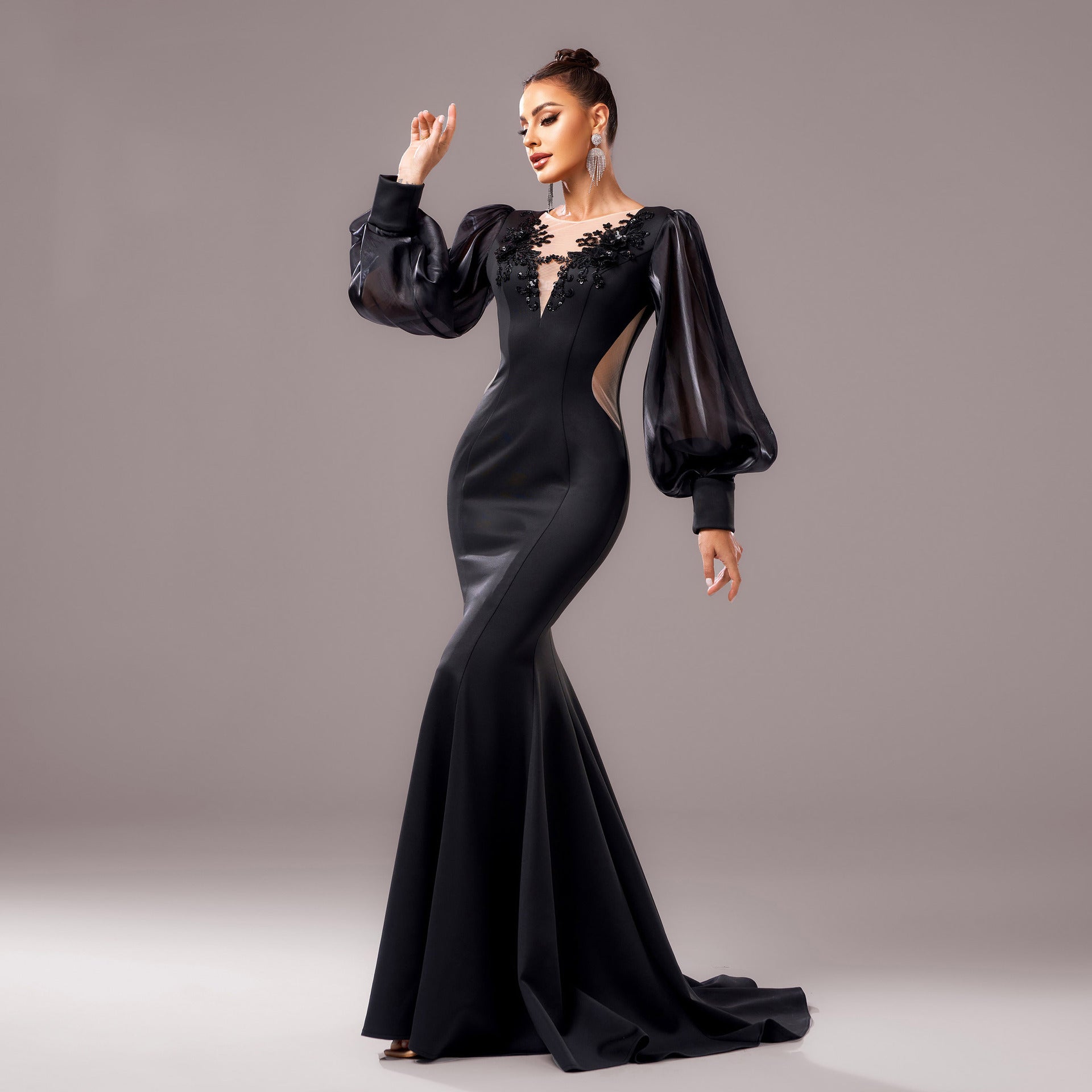 Long Sleeve Round Neck Banquet Applique Sheath Fishtail Dress - Elora Moda