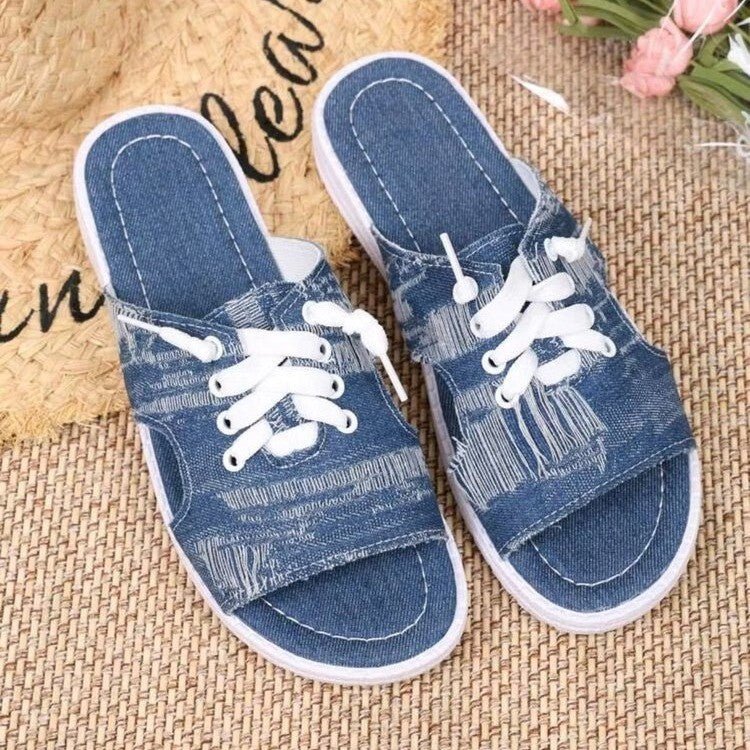 Women's Flat Denim Style Canvas Slippers - Elora Moda