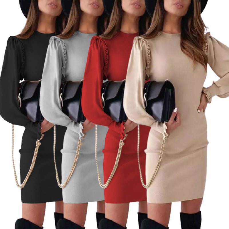 Women Dress American Style Autumn And Winter Solid Color Round Neck - Elora Moda