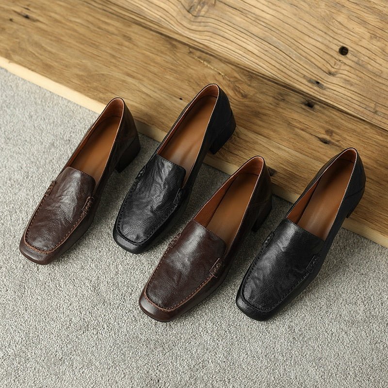 Women's Loafer Shoes Chunky Low Heel Top Square Toe Pumps - Elora Moda