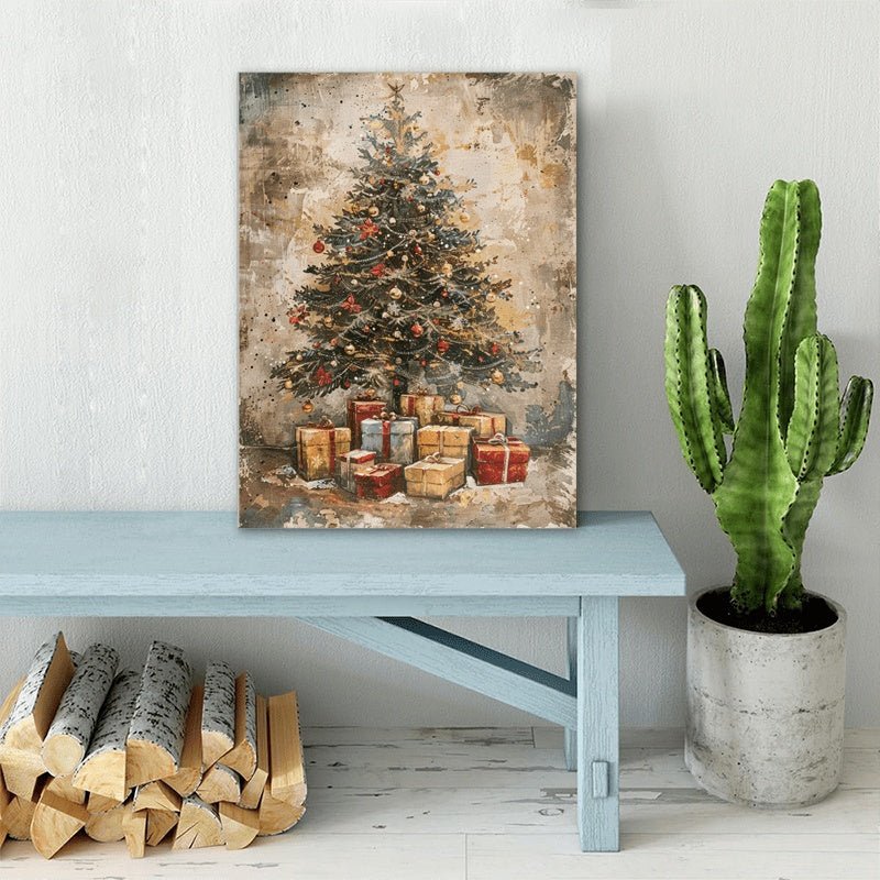A Canvas Oil Painting With A Wooden Frame, Depicting A Vintage Christmas Tree With Gifts Under It Decorating The Living Room. - Elora Moda