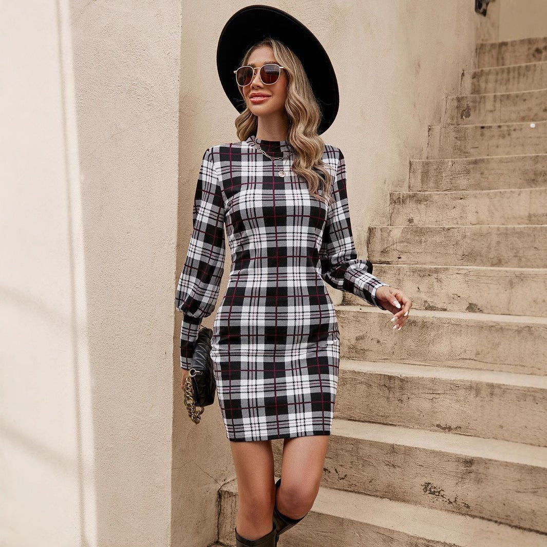 Fashion Lantern Sleeve Printed Tight Dress - Elora Moda