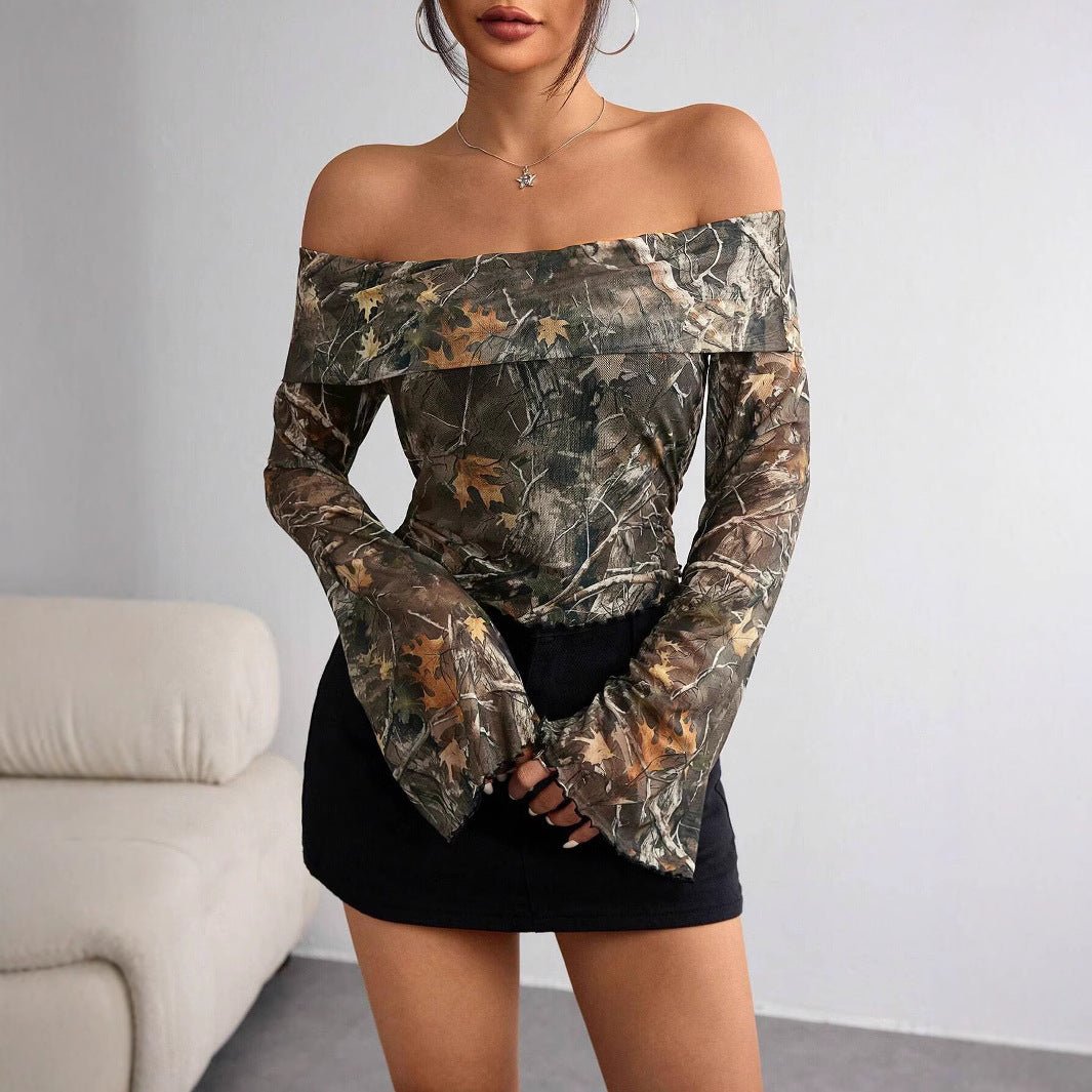 Mesh Printed Off - shoulder Long Sleeved Fitted T-shirt Top - Elora Moda