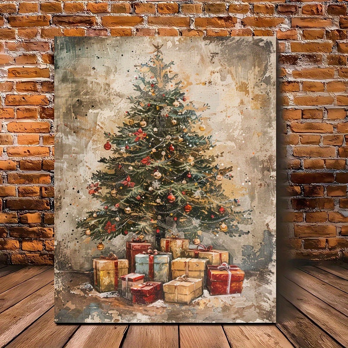 A Canvas Oil Painting With A Wooden Frame, Depicting A Vintage Christmas Tree With Gifts Under It Decorating The Living Room. - Elora Moda