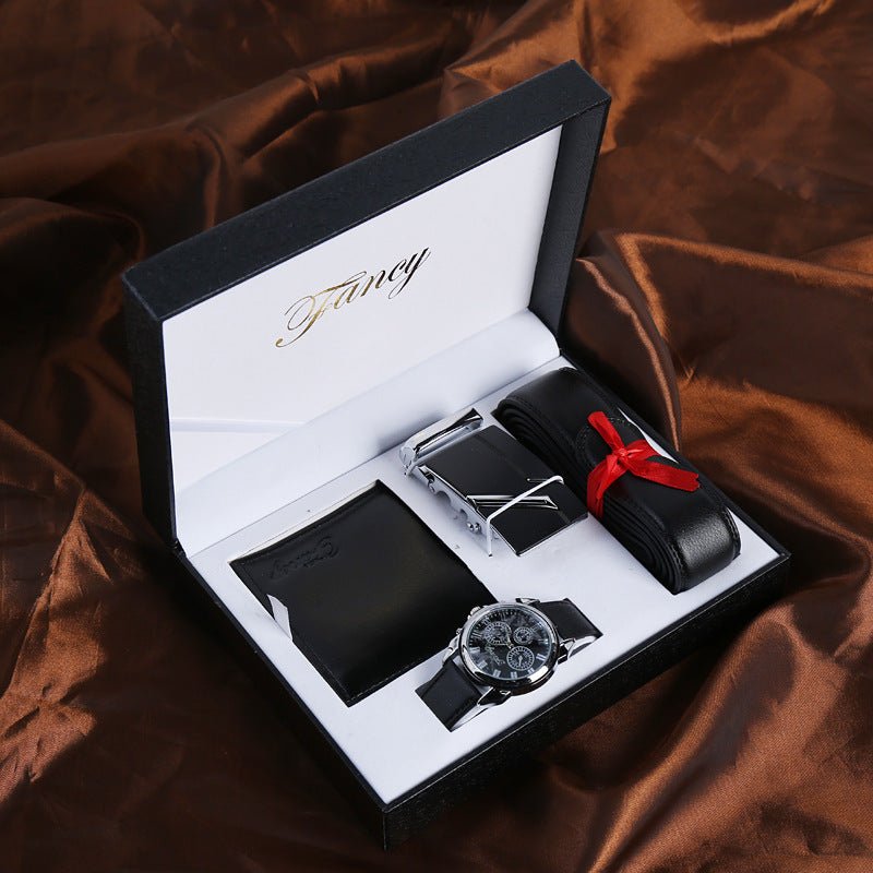 Men's leather automatic buckle belt watch gift set - Elora Moda