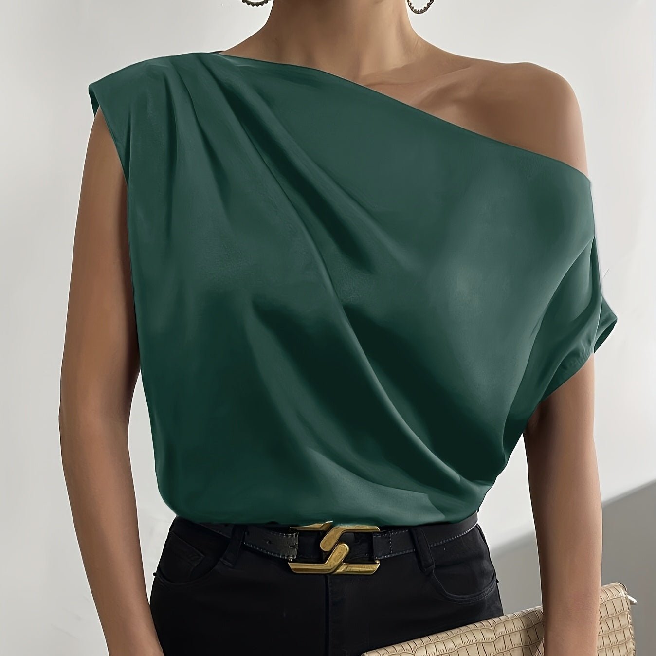 Ladies' Solid Color Asymmetrical Collar Pleated Elegant Casual Sloping Shoulder Collar Off Shoulder Top - Elora Moda
