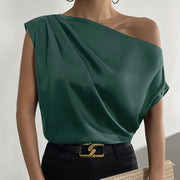 Ladies' Solid Color Asymmetrical Collar Pleated Elegant Casual Sloping Shoulder Collar Off Shoulder Top - Elora Moda