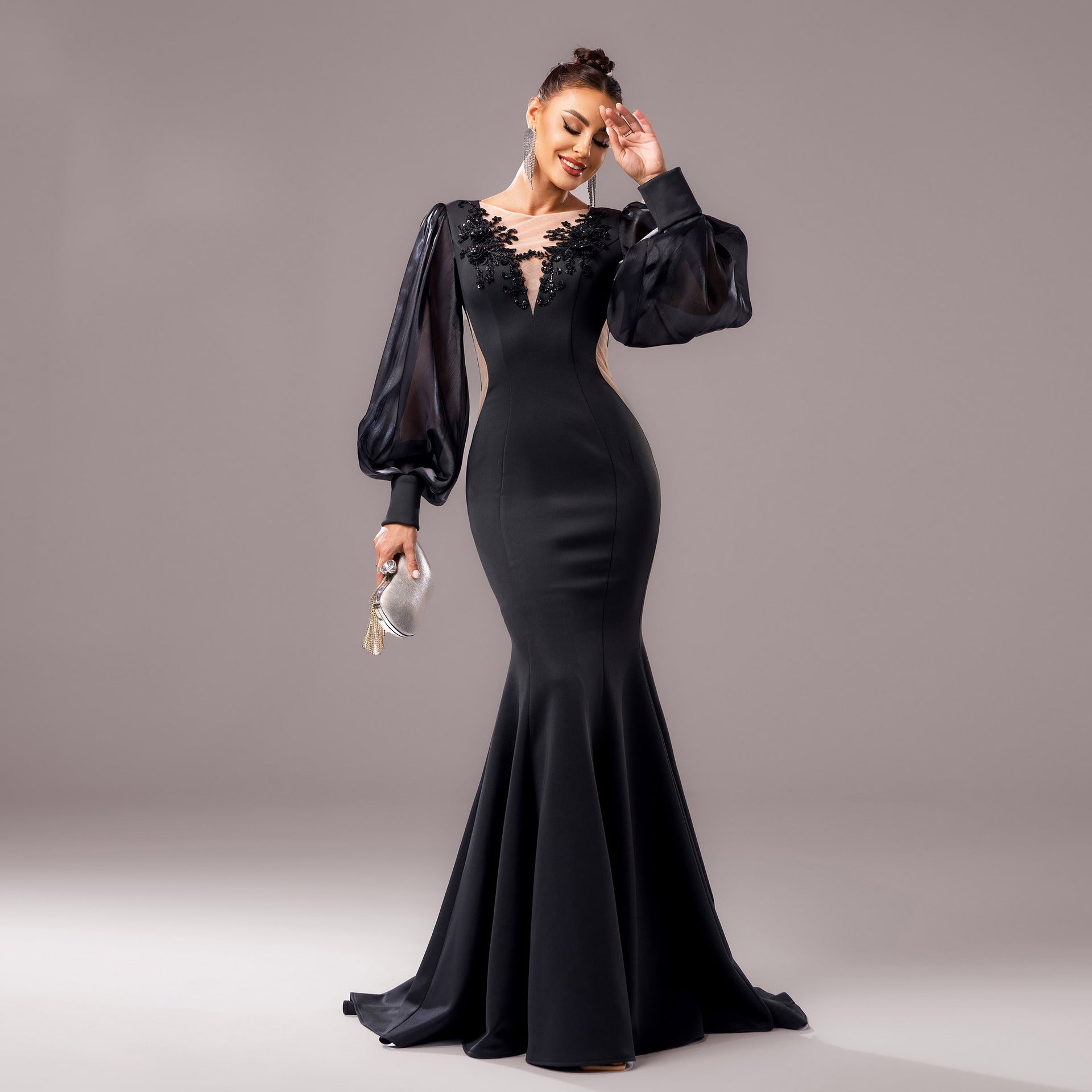Long Sleeve Round Neck Banquet Applique Sheath Fishtail Dress - Elora Moda