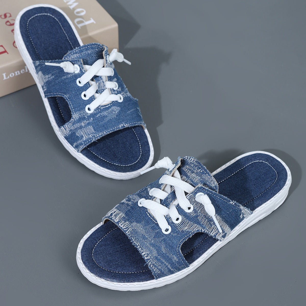 Women's Flat Denim Style Canvas Slippers - Elora Moda