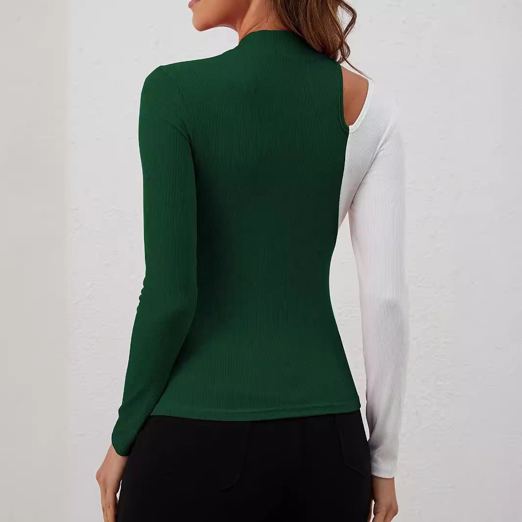 Women Shirt Color Contrast Patchwork Long Sleeve - Elora Moda