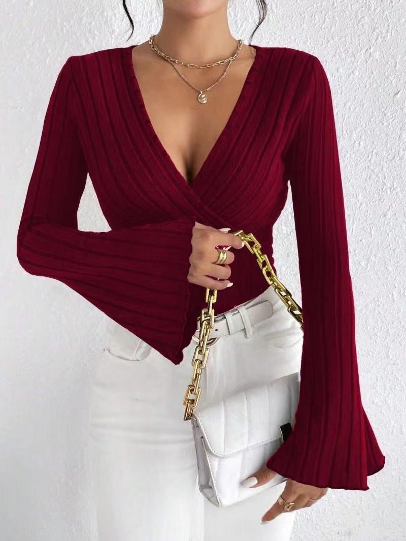 Women's Top Autumn & Winter Rib Sunken Stripe V - neck Slim - fit Long Sleeve - Elora Moda