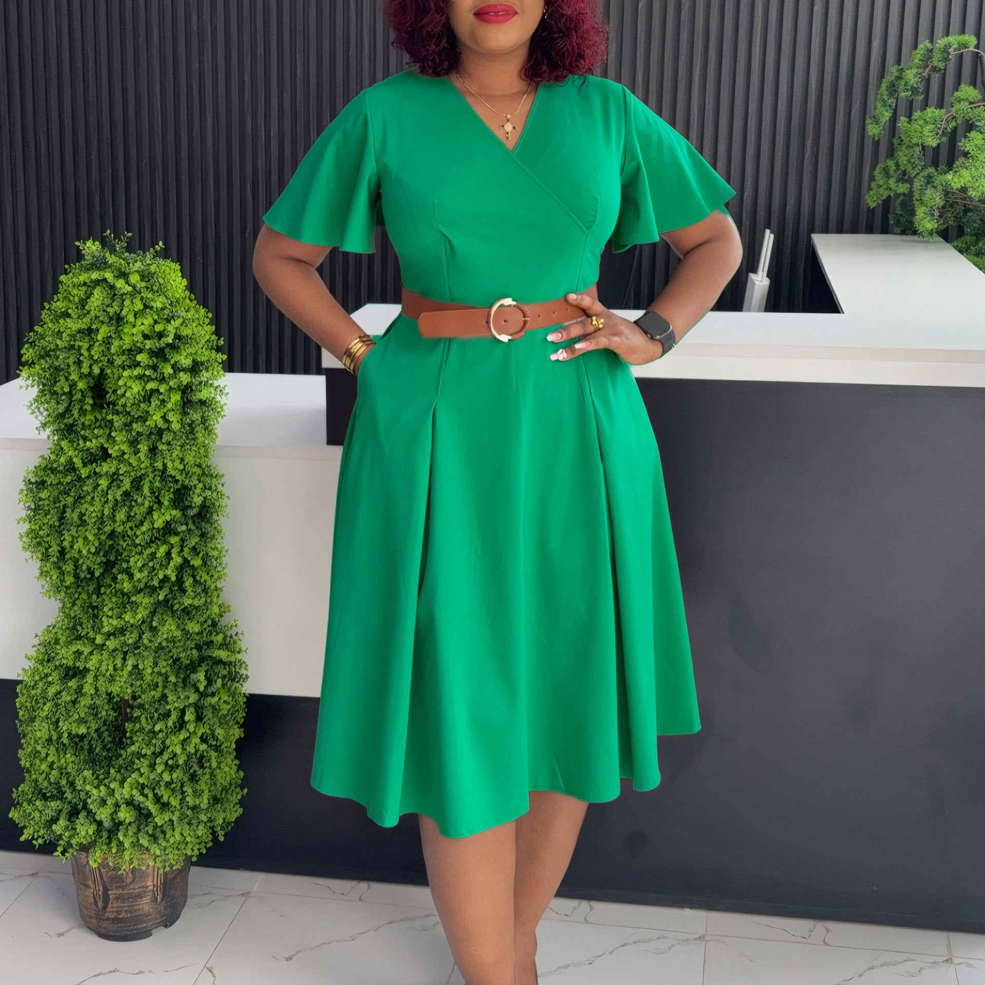 Women's Dress V - neck Bell Sleeve Casual A - Line - Elora Moda