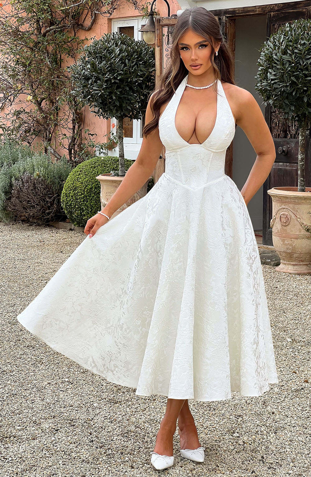 V-neck Halter Sleeveless Jacquard Lace-up Waist Vacation Style Long Adult Dress
