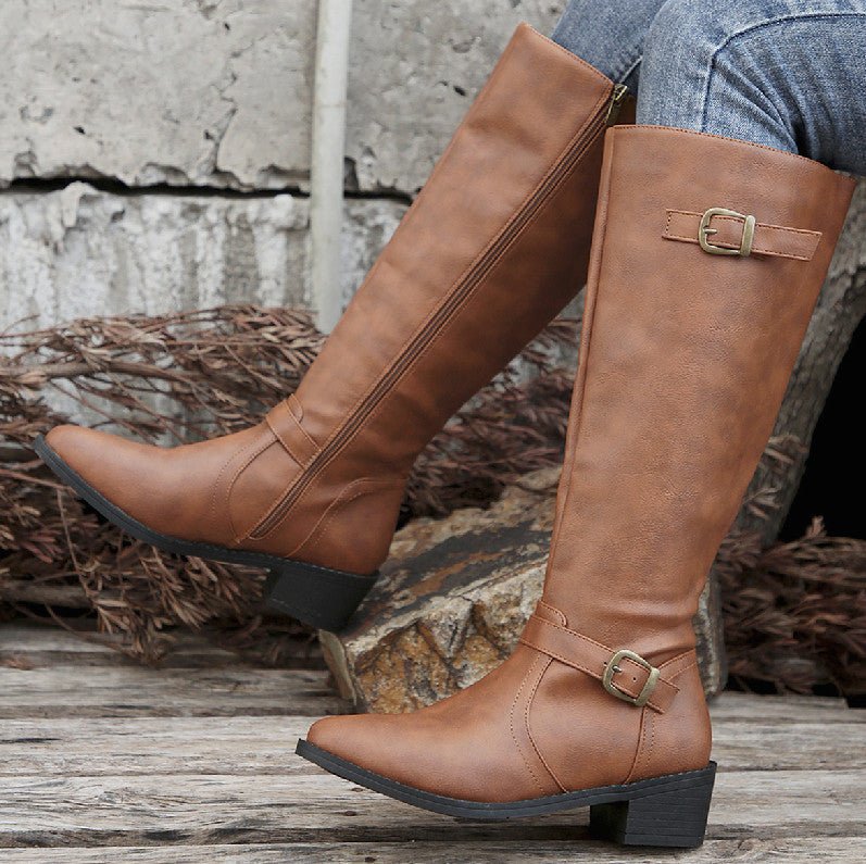 Women Boots | Thick Heel | Square Buckle | Zipper - Elora Moda