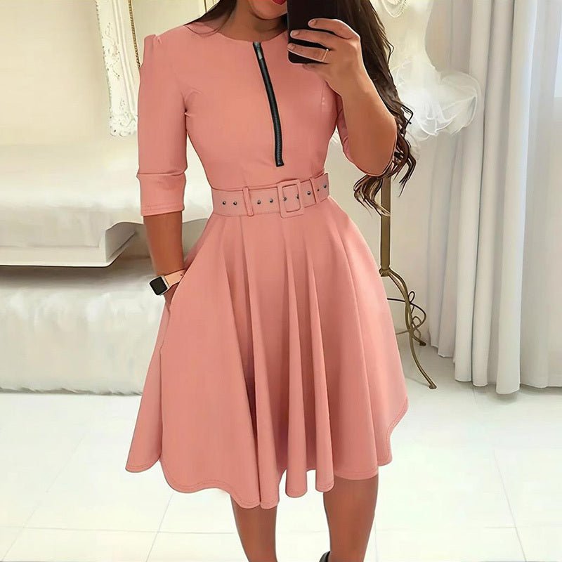 Women's Round Neck Zip Front Midi Dress With Belt - Elora Moda