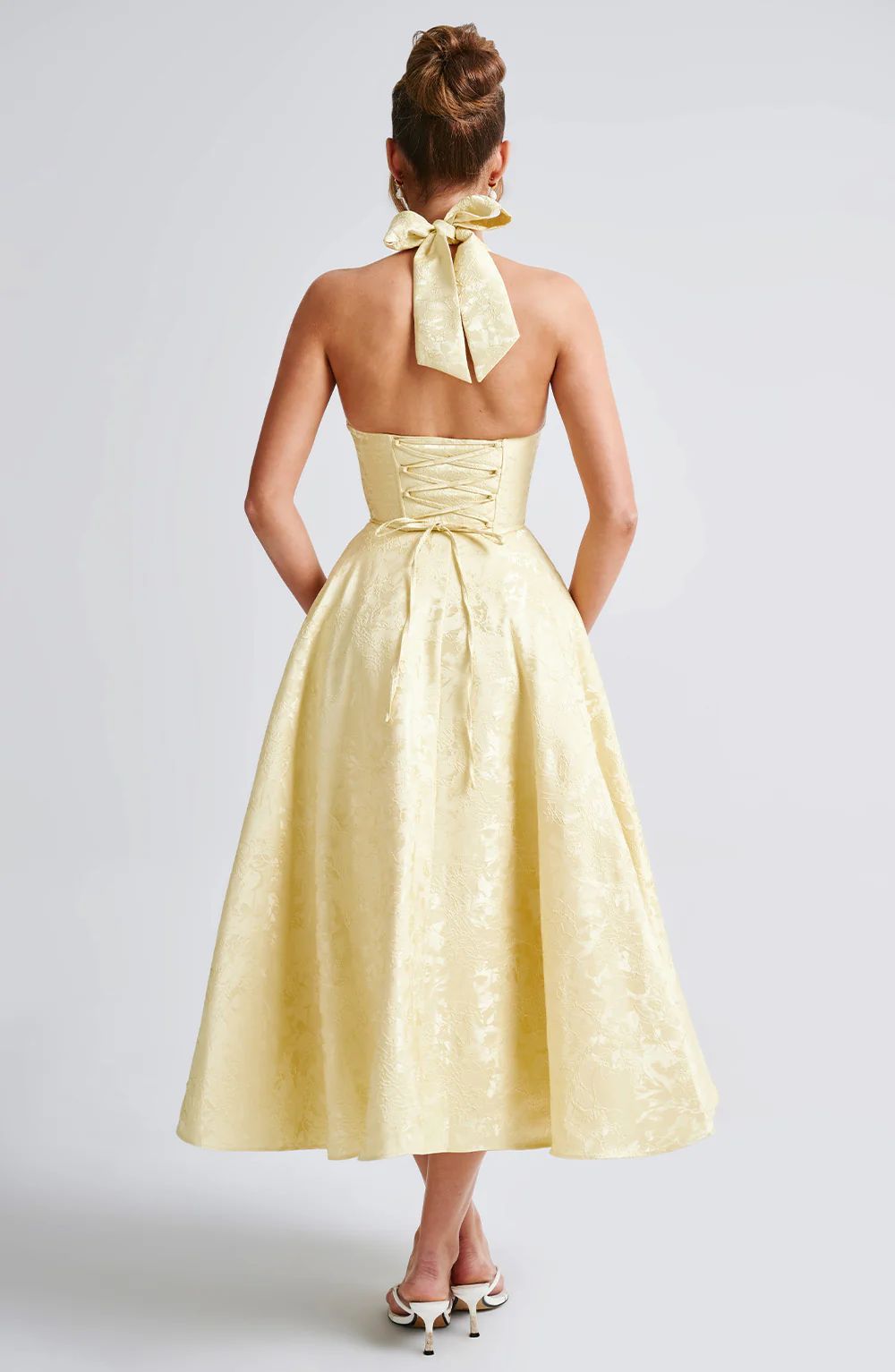 V - neck Halter Sleeveless Jacquard Lace - up Waist Vacation Style Long Adult Dress - Elora Moda