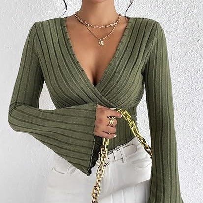 Women's Top Autumn & Winter Rib Sunken Stripe V - neck Slim - fit Long Sleeve - Elora Moda