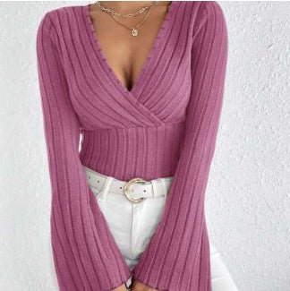 Women's Top Autumn & Winter Rib Sunken Stripe V - neck Slim - fit Long Sleeve - Elora Moda