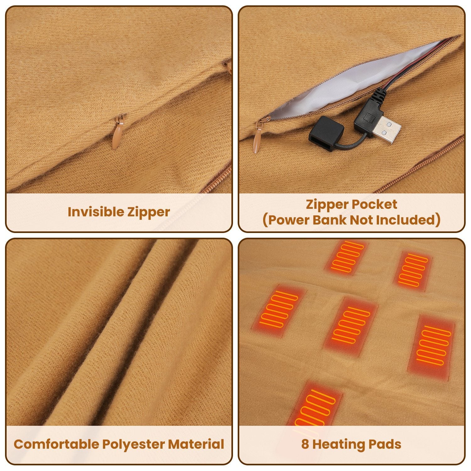 1Pc 79x24In USB Heated Shawl With Teasel Wearable Heating Blanket Electric Throw Wrap Indoor Outdoor With Zipper 3 Heating Levels Machine Washable For Outdoor Home Office - Elora Moda