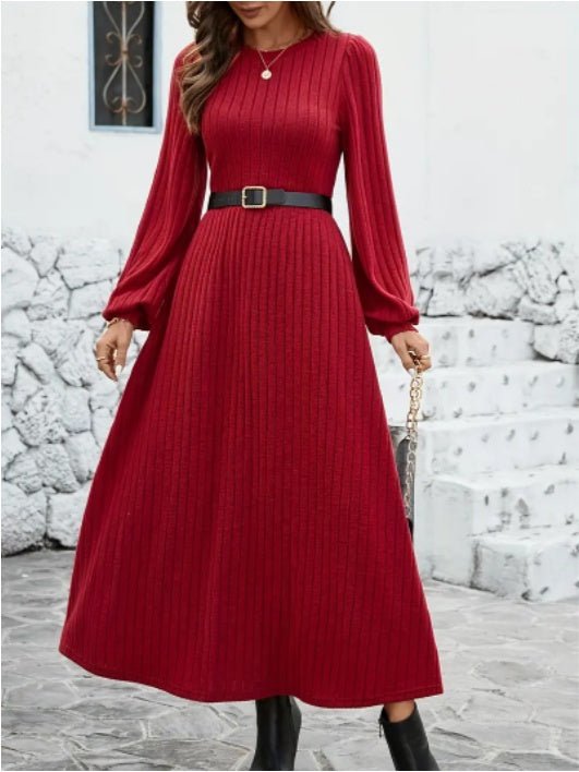 Elegant Maroon Ribbed Midi Dress For Women With Lantern Sleeves - Elora Moda