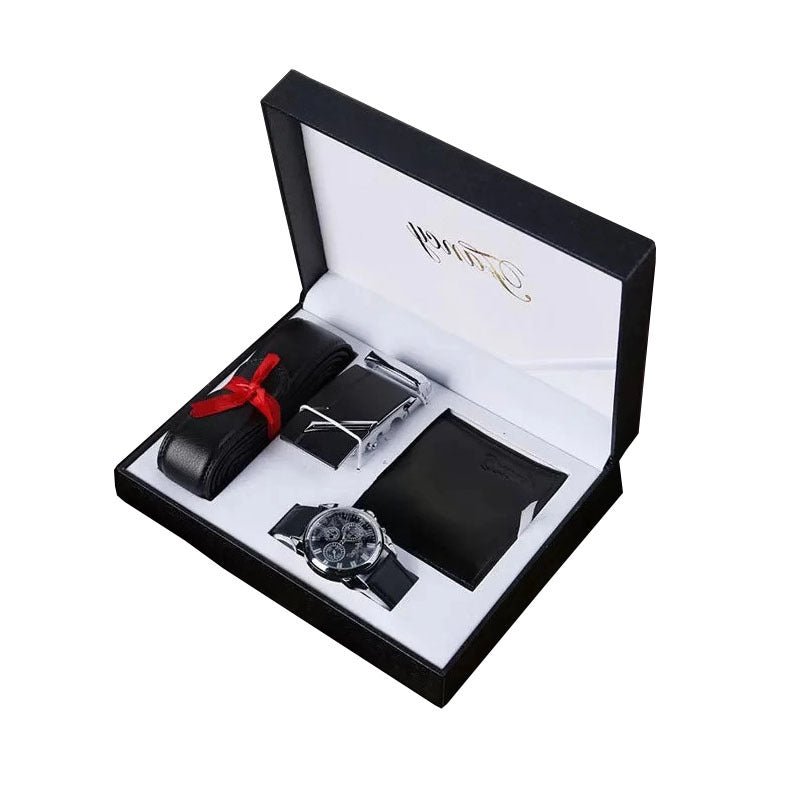 Men's leather automatic buckle belt watch gift set - Elora Moda