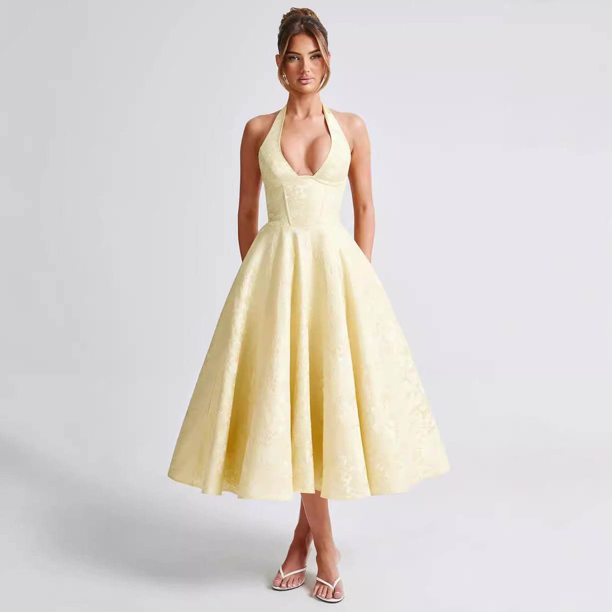 V - neck Halter Sleeveless Jacquard Lace - up Waist Vacation Style Long Adult Dress - Elora Moda