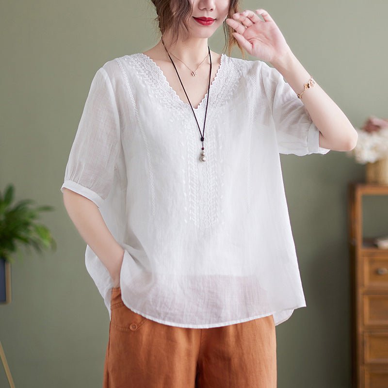 Women's Fashion Artistic Retro Embroidery Short - sleeve Top - Elora Moda