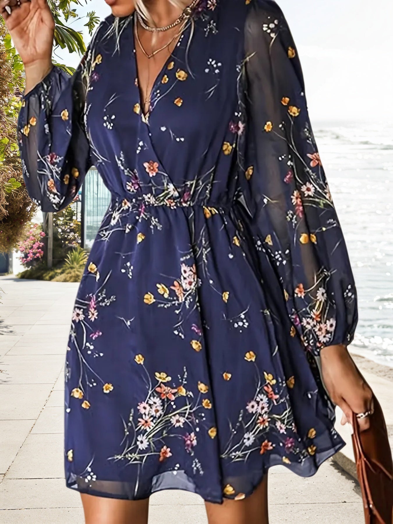 Women Dress V - neck, Chiffon Long, Elegant Countryside Sleeves, Casual - Elora Moda
