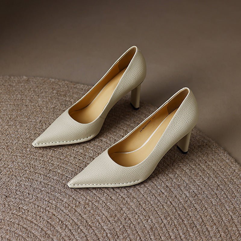 Women's Shoes Thick High Heel Pointed Cowhide Shallow Mouth Pumps - Elora Moda