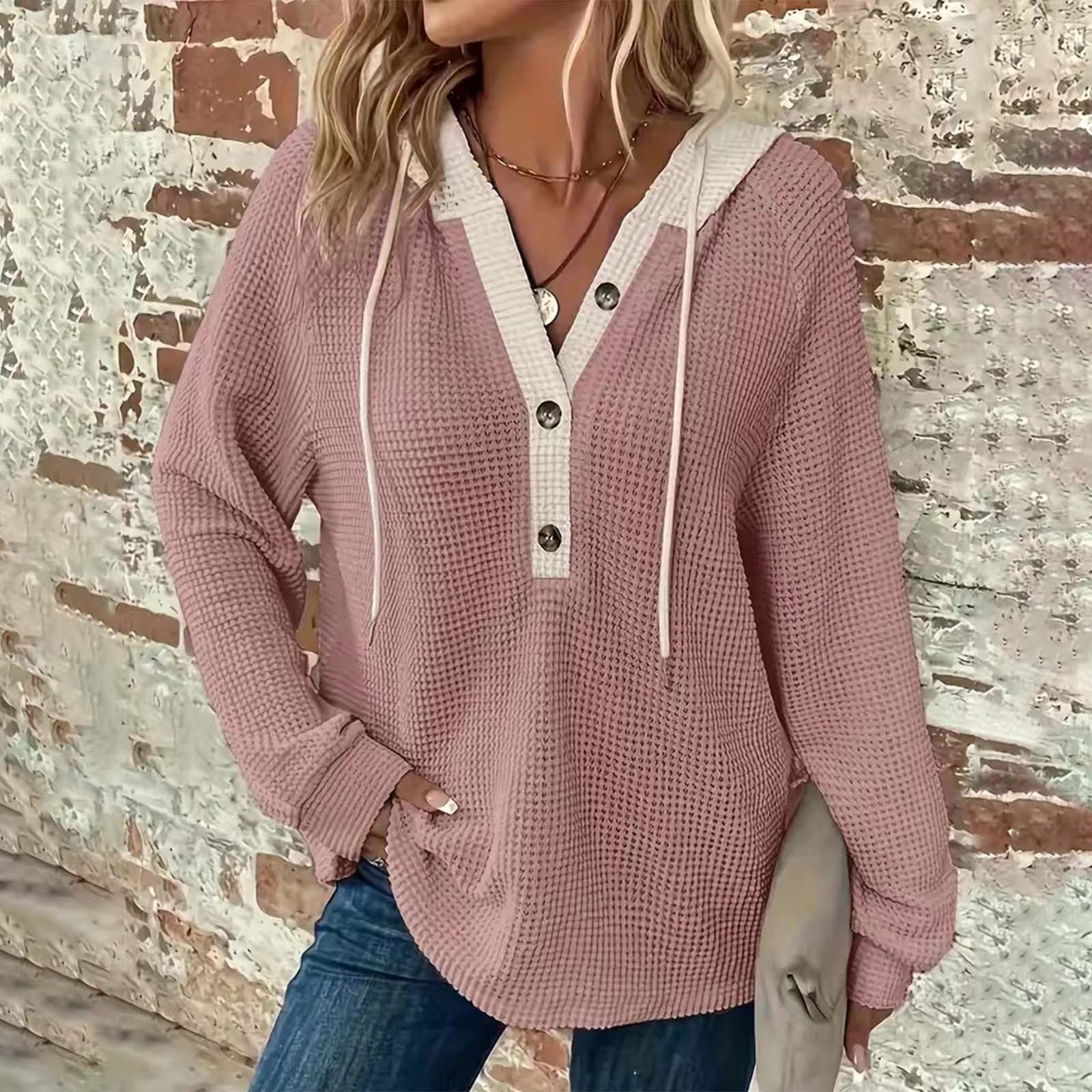 Women's Sweater Waffle Solid Color Hooded with Button Loose Long Sleeves - Elora Moda