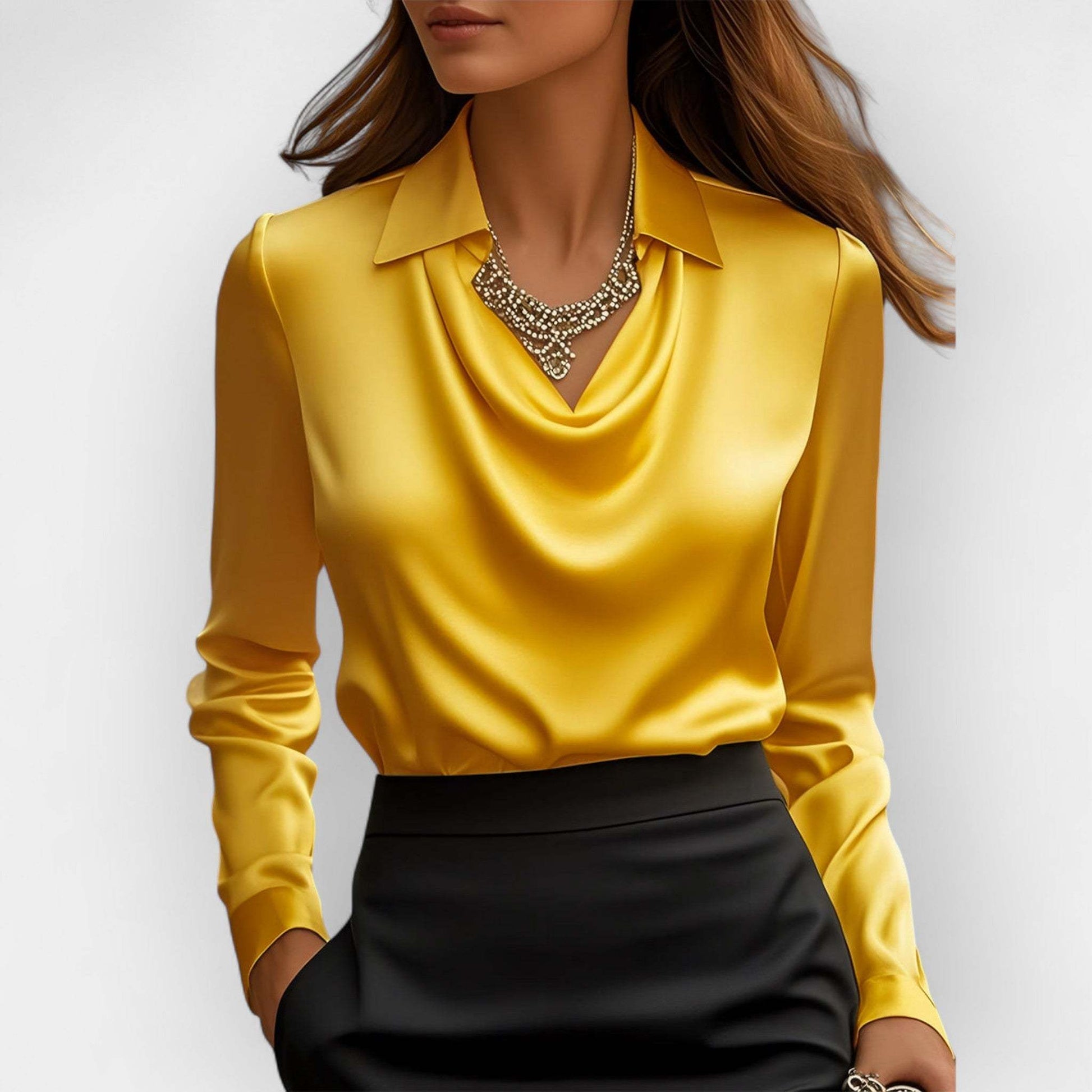 Women's Swing Collar Draped Blouses Elegant Solid Satin Office Ladies Spring Long Sleeve Casual - Elora Moda