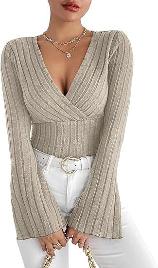 Women's Top Autumn & Winter Rib Sunken Stripe V - neck Slim - fit Long Sleeve - Elora Moda