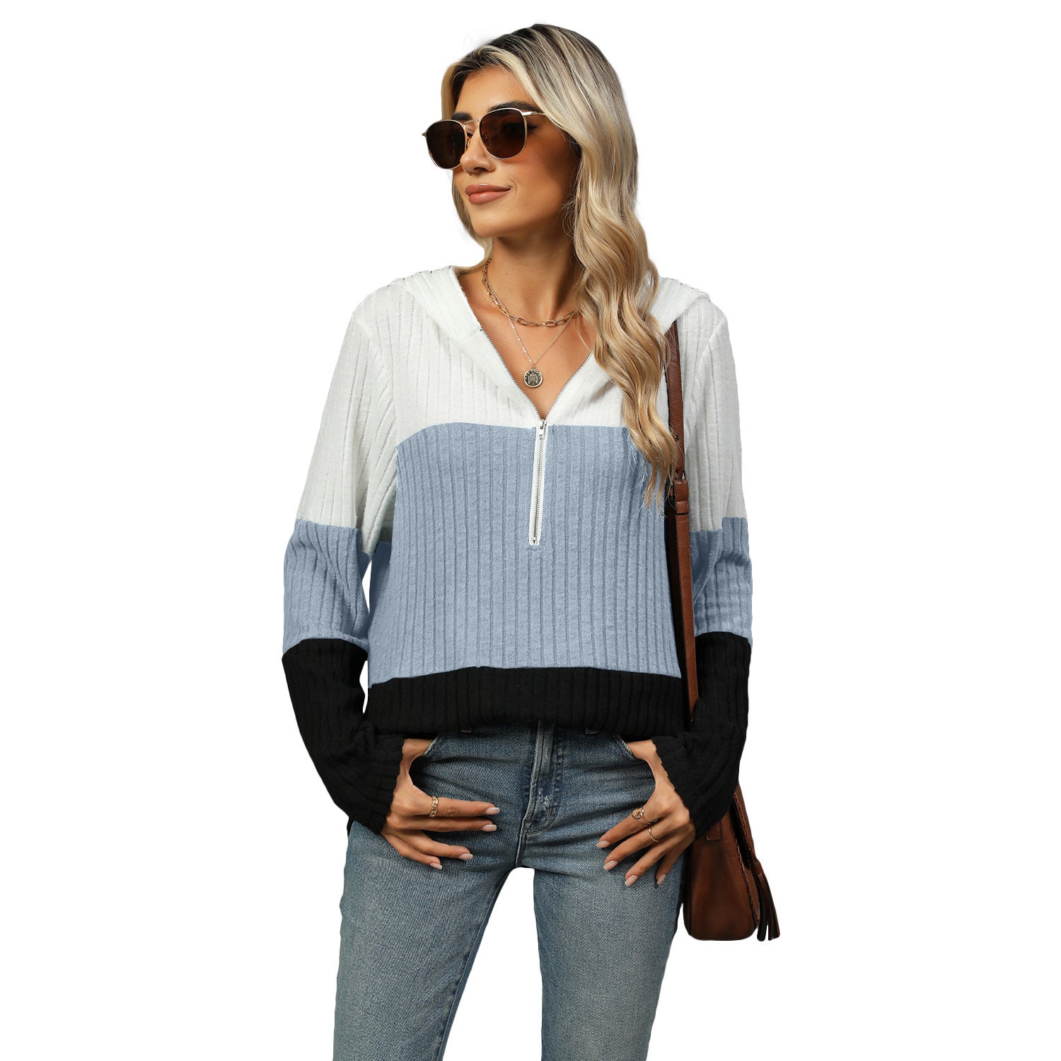 Women's Top Stitching Zipper Hooded Long Sleeve - Elora Moda