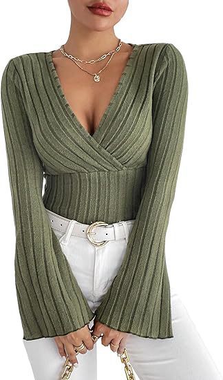 Women's Top Autumn & Winter Rib Sunken Stripe V - neck Slim - fit Long Sleeve - Elora Moda