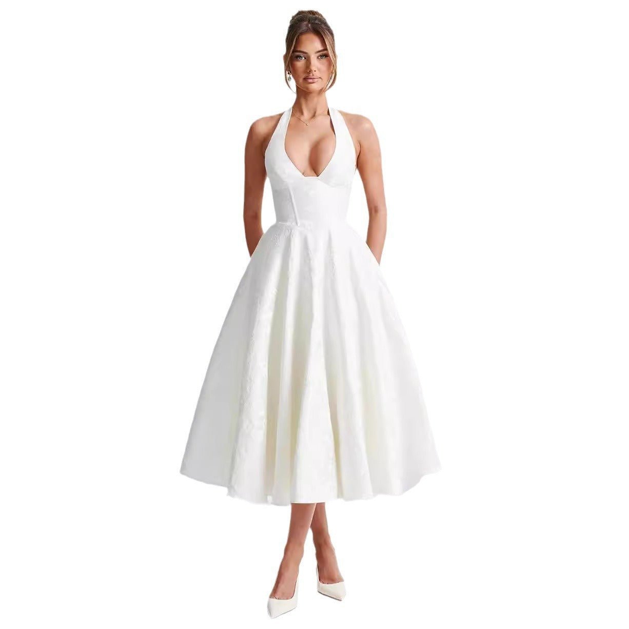 V - neck Halter Sleeveless Jacquard Lace - up Waist Vacation Style Long Adult Dress - Elora Moda