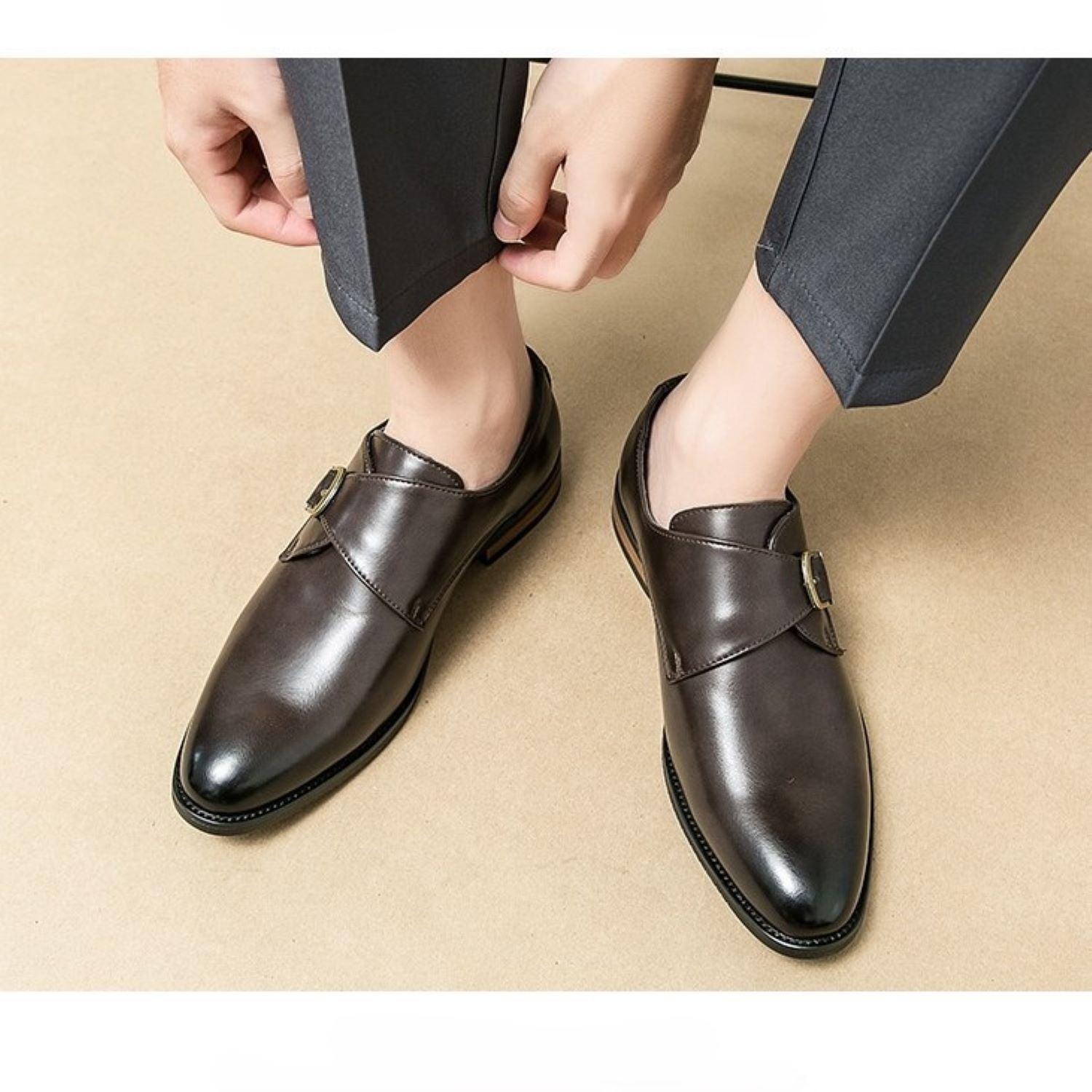 Men's Leather Shoes Derby Casual Breathable Buckle Slip - on - Elora Moda