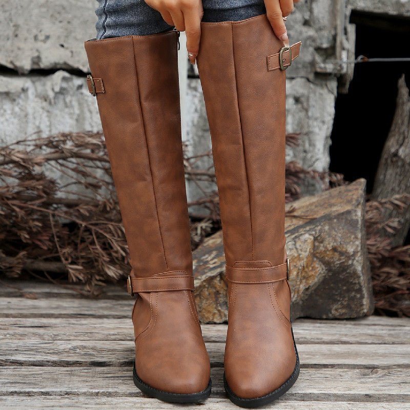 Women Boots | Thick Heel | Square Buckle | Zipper - Elora Moda