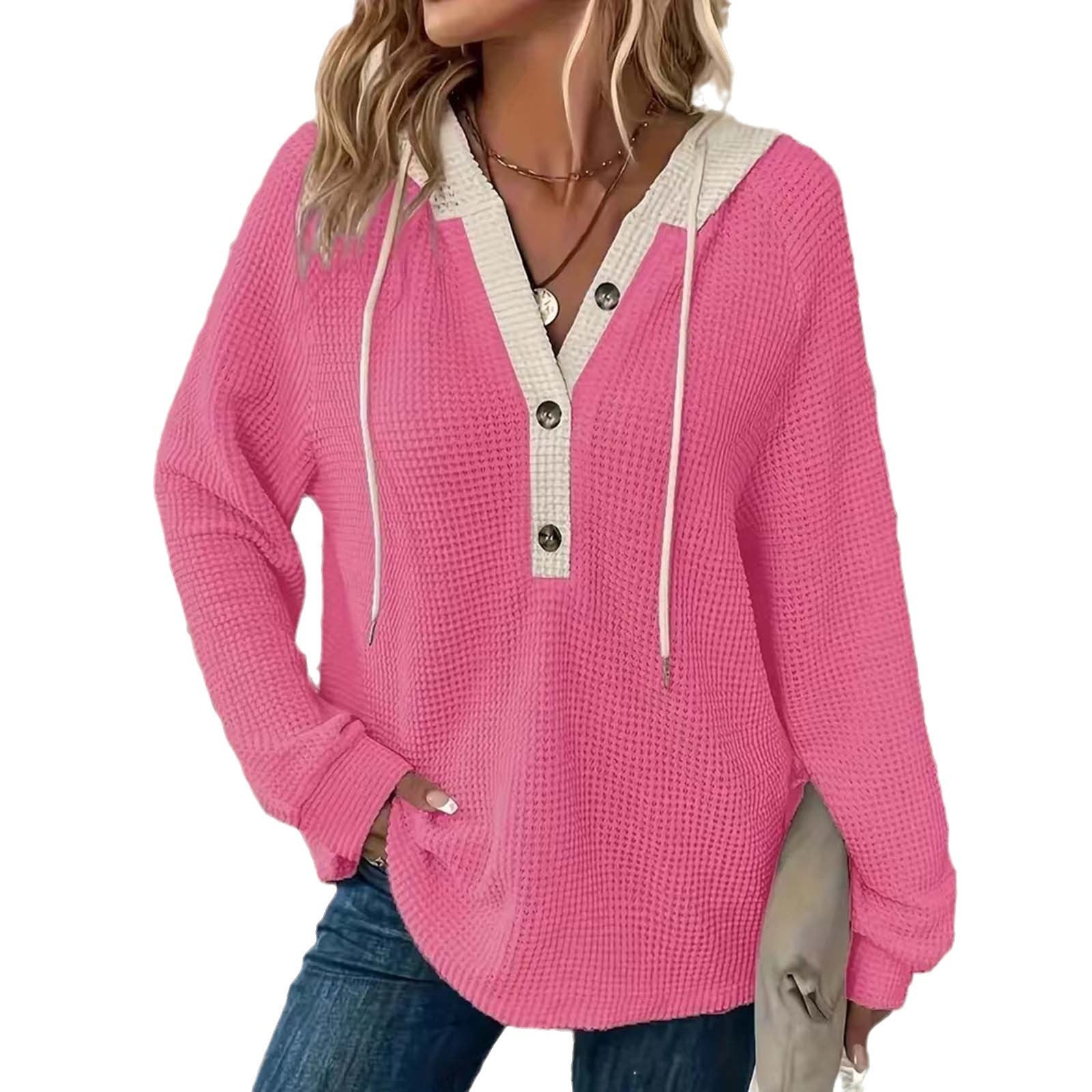 Women's Sweater Waffle Solid Color Hooded with Button Loose Long Sleeves - Elora Moda