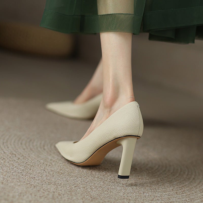 Women's Shoes Thick High Heel Pointed Cowhide Shallow Mouth Pumps - Elora Moda