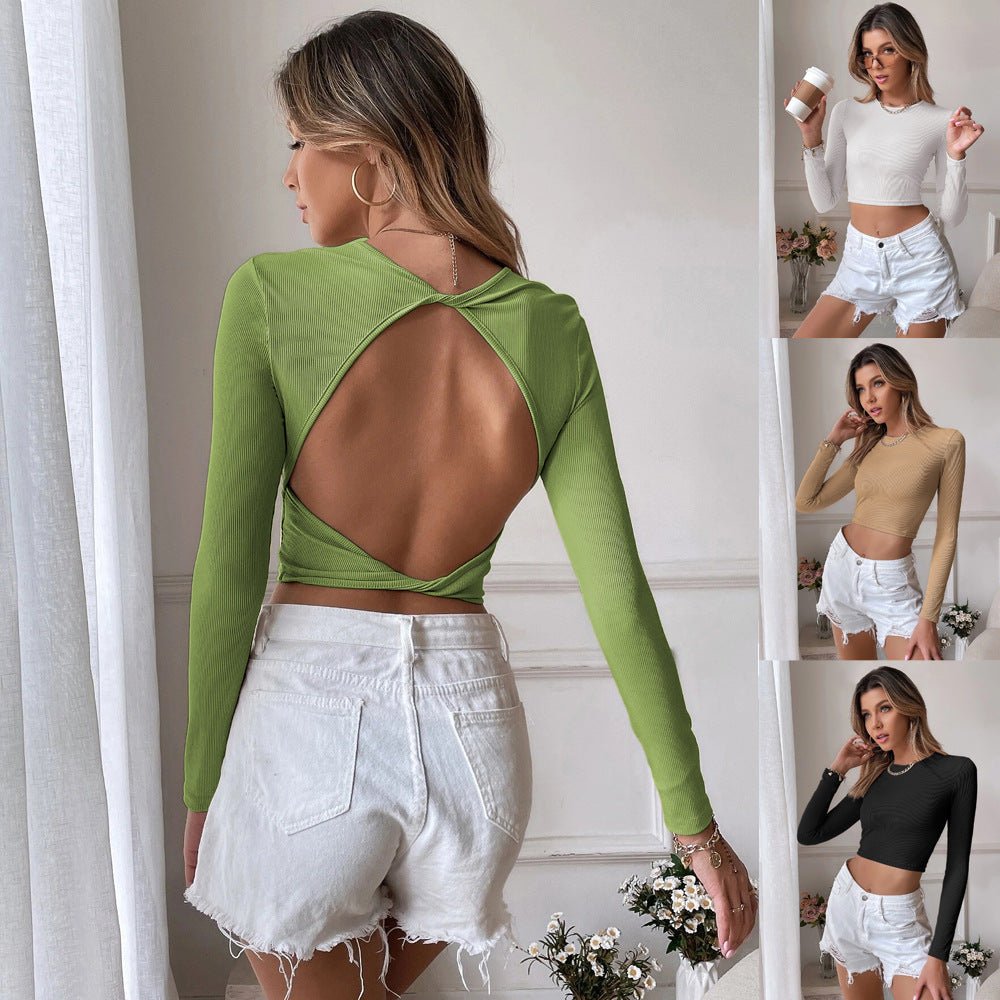 Cropped Slim Knit Long Sleeve T-Shirt Top - Elora Moda
