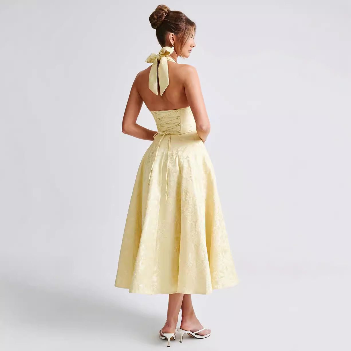V - neck Halter Sleeveless Jacquard Lace - up Waist Vacation Style Long Adult Dress - Elora Moda