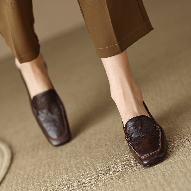 Women's Loafer Shoes Chunky Low Heel Top Square Toe Pumps - Elora Moda