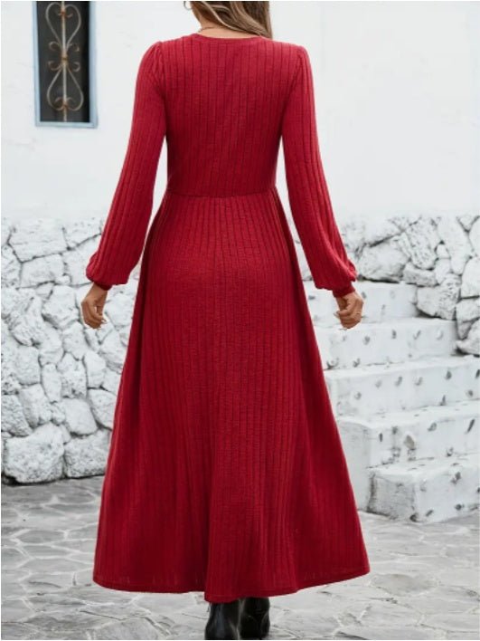 Elegant Maroon Ribbed Midi Dress For Women With Lantern Sleeves - Elora Moda
