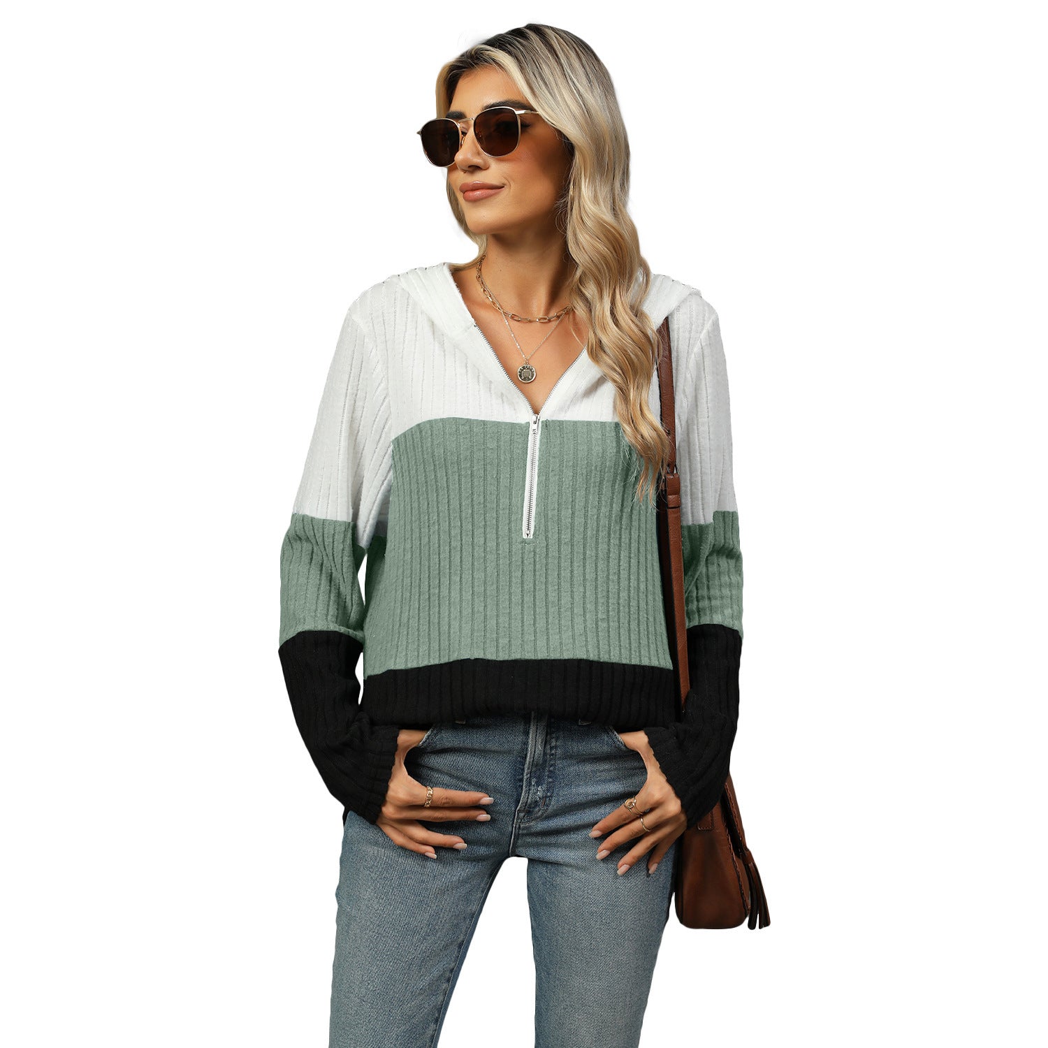 Women's Top Stitching Zipper Hooded Long Sleeve - Elora Moda