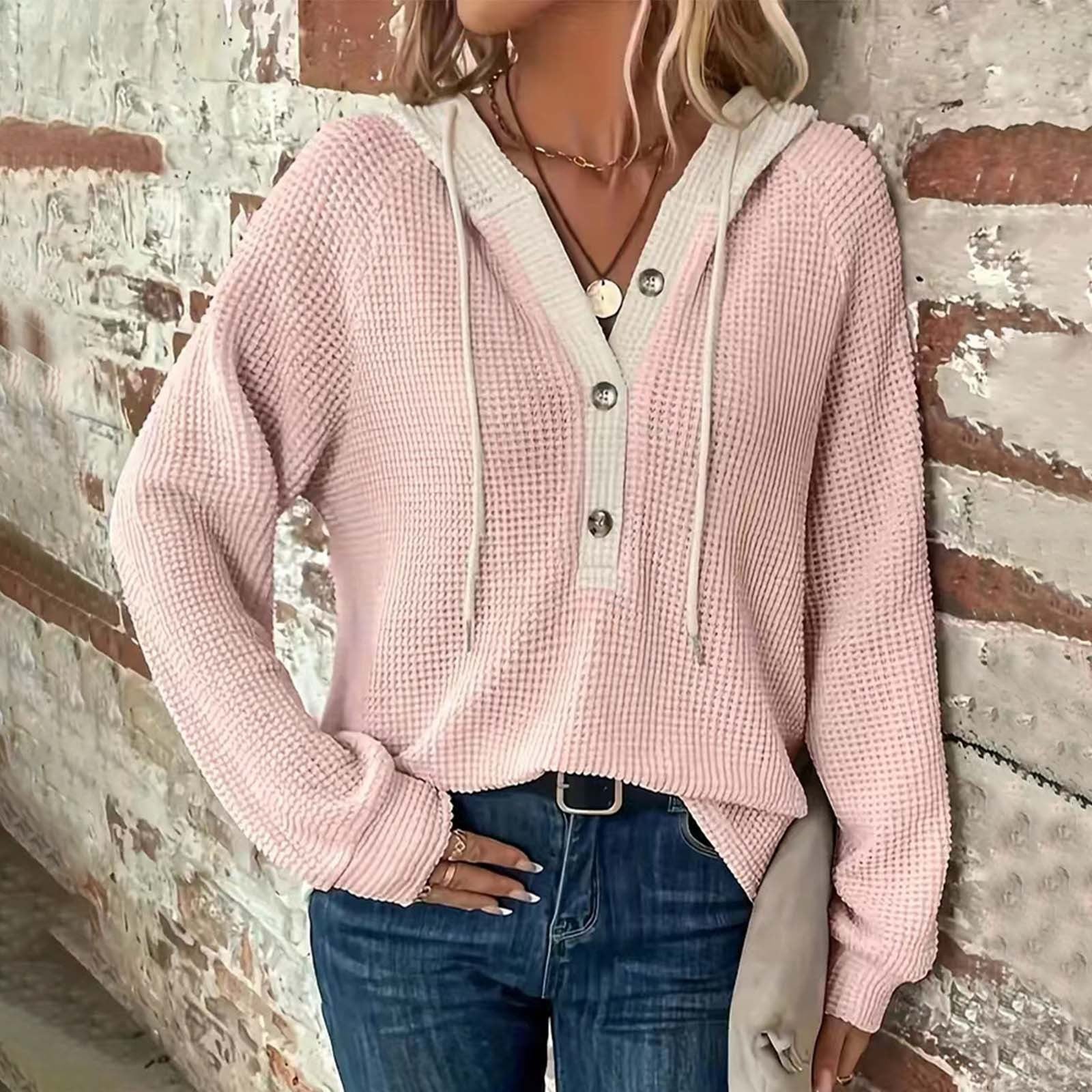 Women's Sweater Waffle Solid Color Hooded with Button Loose Long Sleeves - Elora Moda