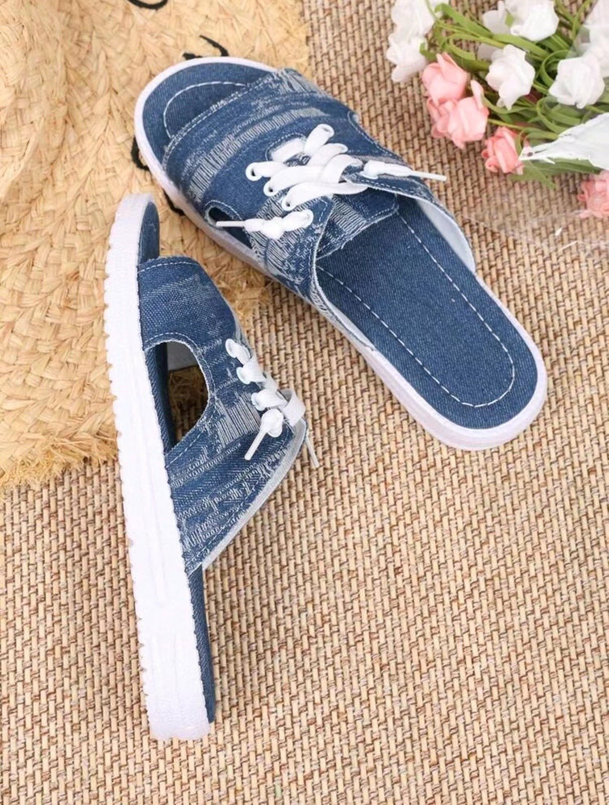 Women's Flat Denim Style Canvas Slippers - Elora Moda