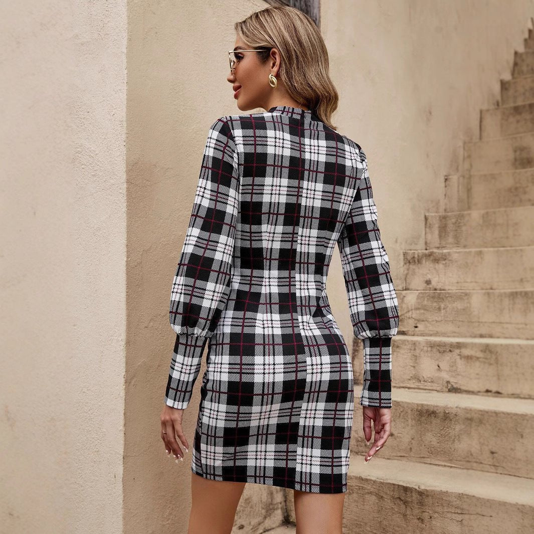 Fashion Lantern Sleeve Printed Tight Dress - Elora Moda